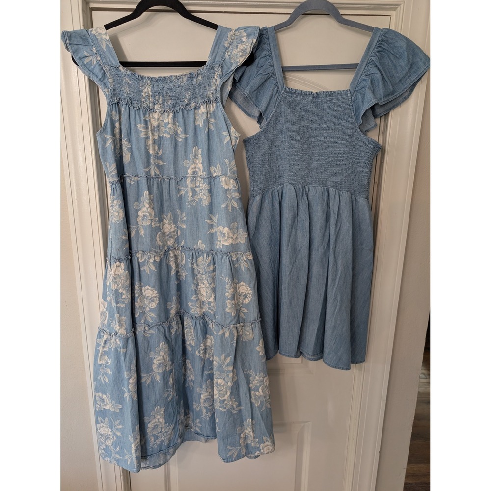 Old Navy Womens Chambray‎ Dress Bundle Floral Midi & Solid Smocked mini lot of 2 - Picture 11 of 11